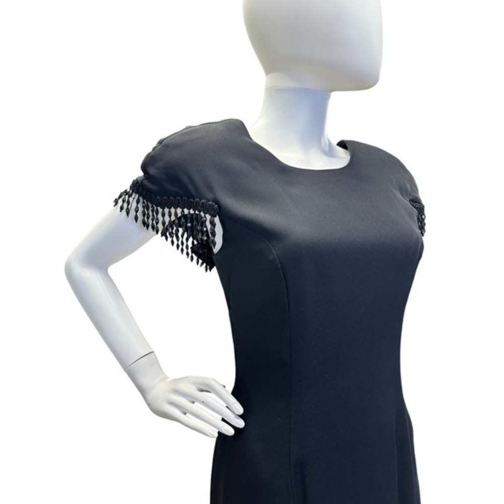 Vtg 80s Taurus Nites Black Cocktail Sheath Dress Beaded‎ Fringe Sz 8P JS